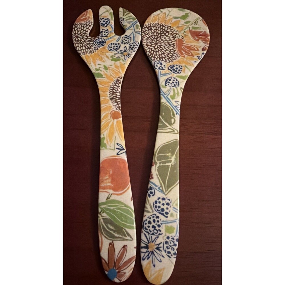 Floral Melamine Salad Server Serving Spoon Fork Garden Flowers Sunflower Leaves!